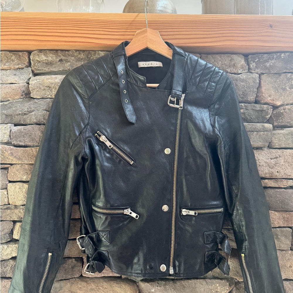 Sandro Black Leather Lambskin Moto Jacket with Silver Hardware
